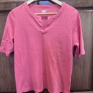Lands' End Women's Split Neck Knit Top Size L (14-16) Pink Cotton Blend